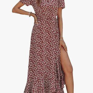 Prettygarden women's summer maxi dress wrap floral boho party dress wedding sz L